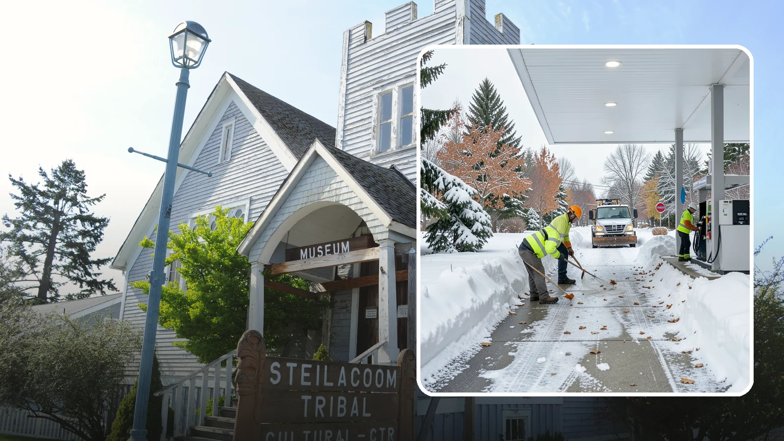 Gas Station Sidewalk Clearing in Steilacoom, Pierce County, WA - Store-entrance and pump-walk clearing for Western Washington gas stations, keeping the high-turnover foot traffic safe around the...