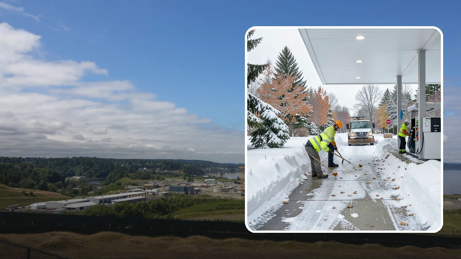 Gas Station Sidewalk Clearing in University Place, Pierce County, WA - Store-entrance and pump-walk clearing for Western Washington gas stations, keeping the high-turnover foot traffic safe around the...