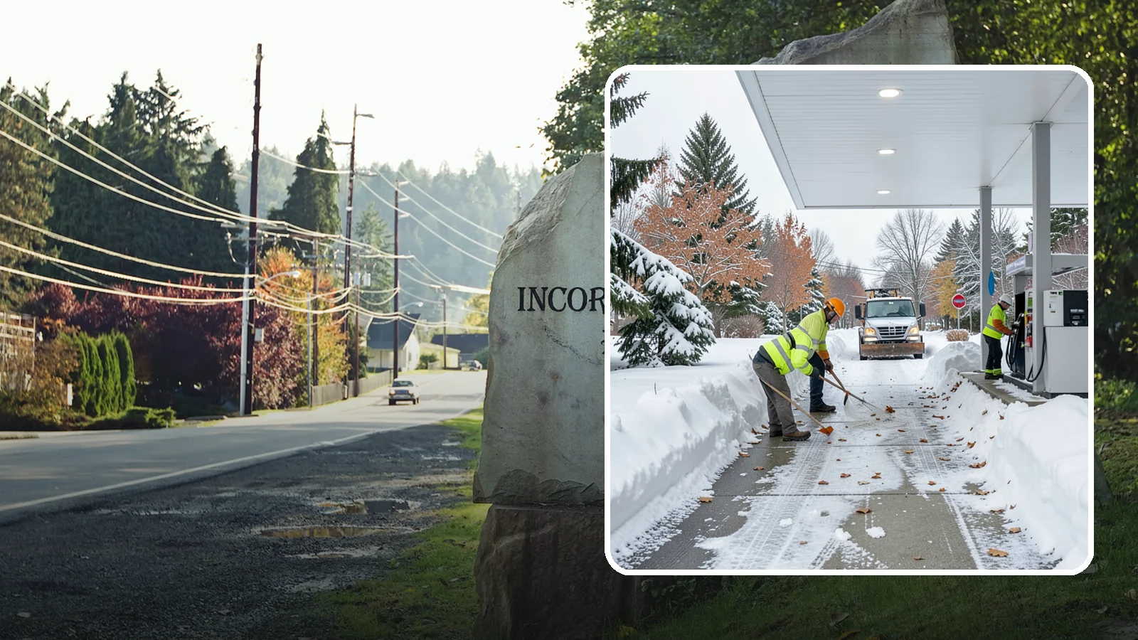 Gas Station Sidewalk Clearing in Wilkeson, Pierce County, WA - Store-entrance and pump-walk clearing for Western Washington gas stations, keeping the high-turnover foot traffic safe around the...