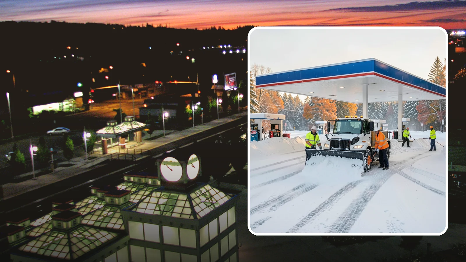 Gas Station Snow Plowing in Auburn, King County, WA - We plow gas station lots and fuel islands around the clock so drivers fuel up safely no matter when the snow falls.