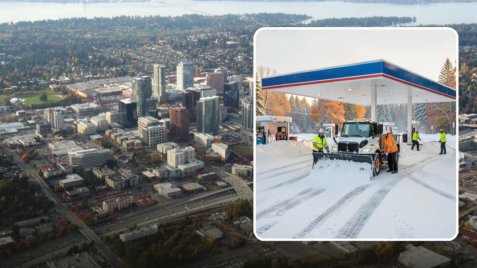 Gas Station Snow Plowing in Bellevue, King County, WA - We plow gas station lots and fuel islands around the clock so drivers fuel up safely no matter when the snow falls.