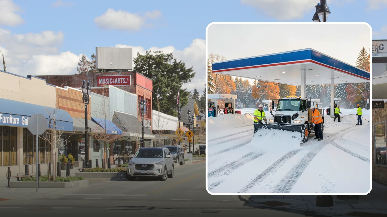 Gas Station Snow Plowing in Bothell, King County, WA - We plow gas station lots and fuel islands around the clock so drivers fuel up safely no matter when the snow falls.