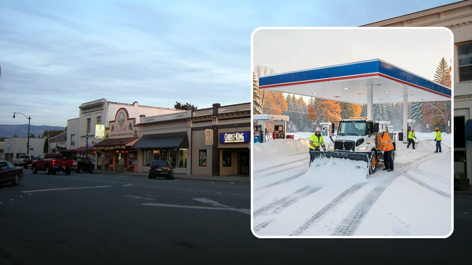 Gas Station Snow Plowing in Burlington, Skagit County, WA - We plow gas station lots and fuel islands around the clock so drivers fuel up safely no matter when the snow falls.