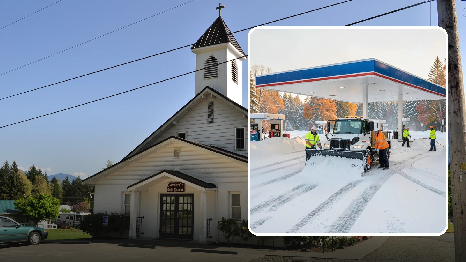 Gas Station Snow Plowing in Concrete, Skagit County, WA - We plow gas station lots and fuel islands around the clock so drivers fuel up safely no matter when the snow falls.