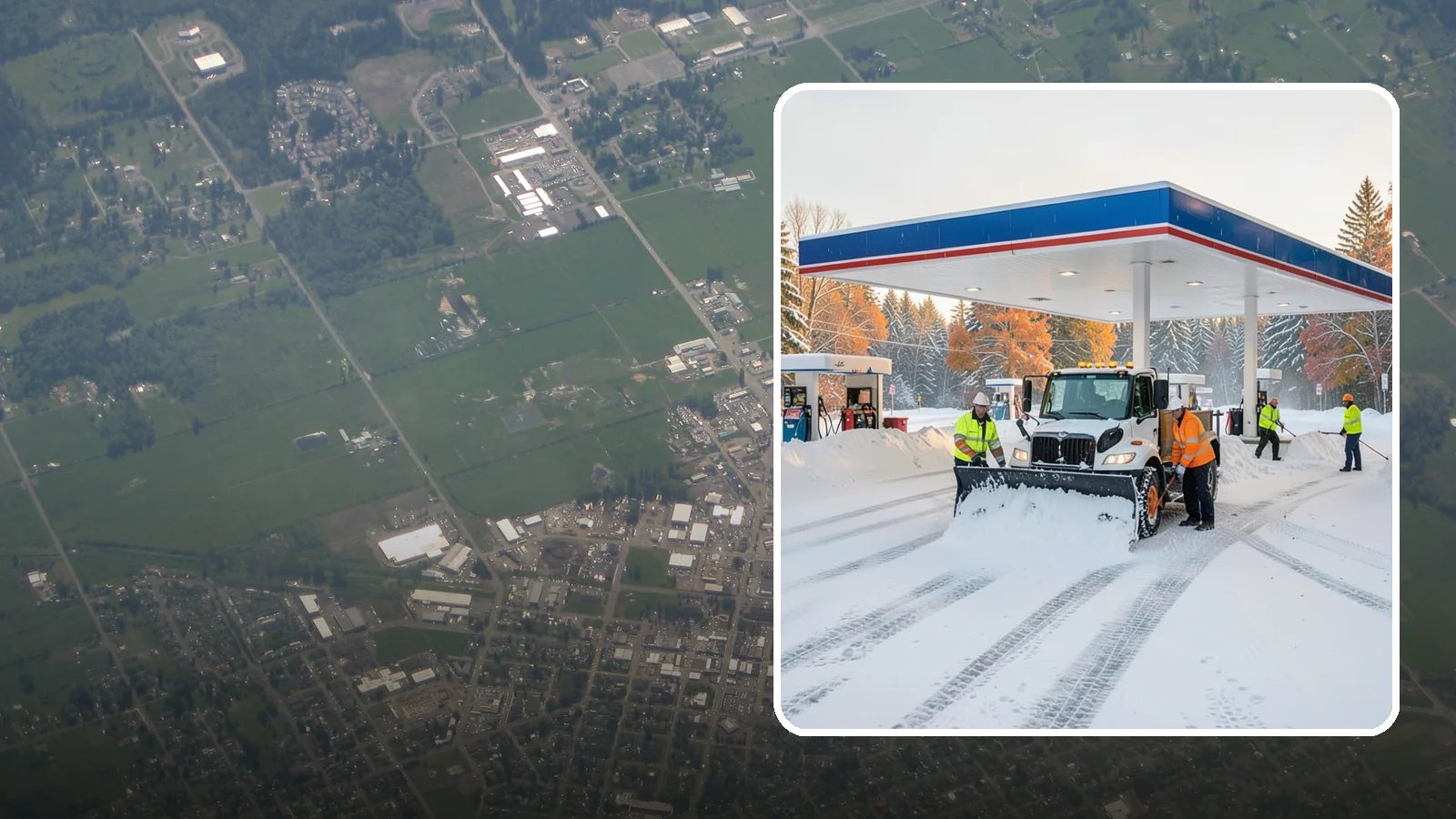 Gas Station Snow Plowing in Enumclaw, King County, WA - We plow gas station lots and fuel islands around the clock so drivers fuel up safely no matter when the snow falls.