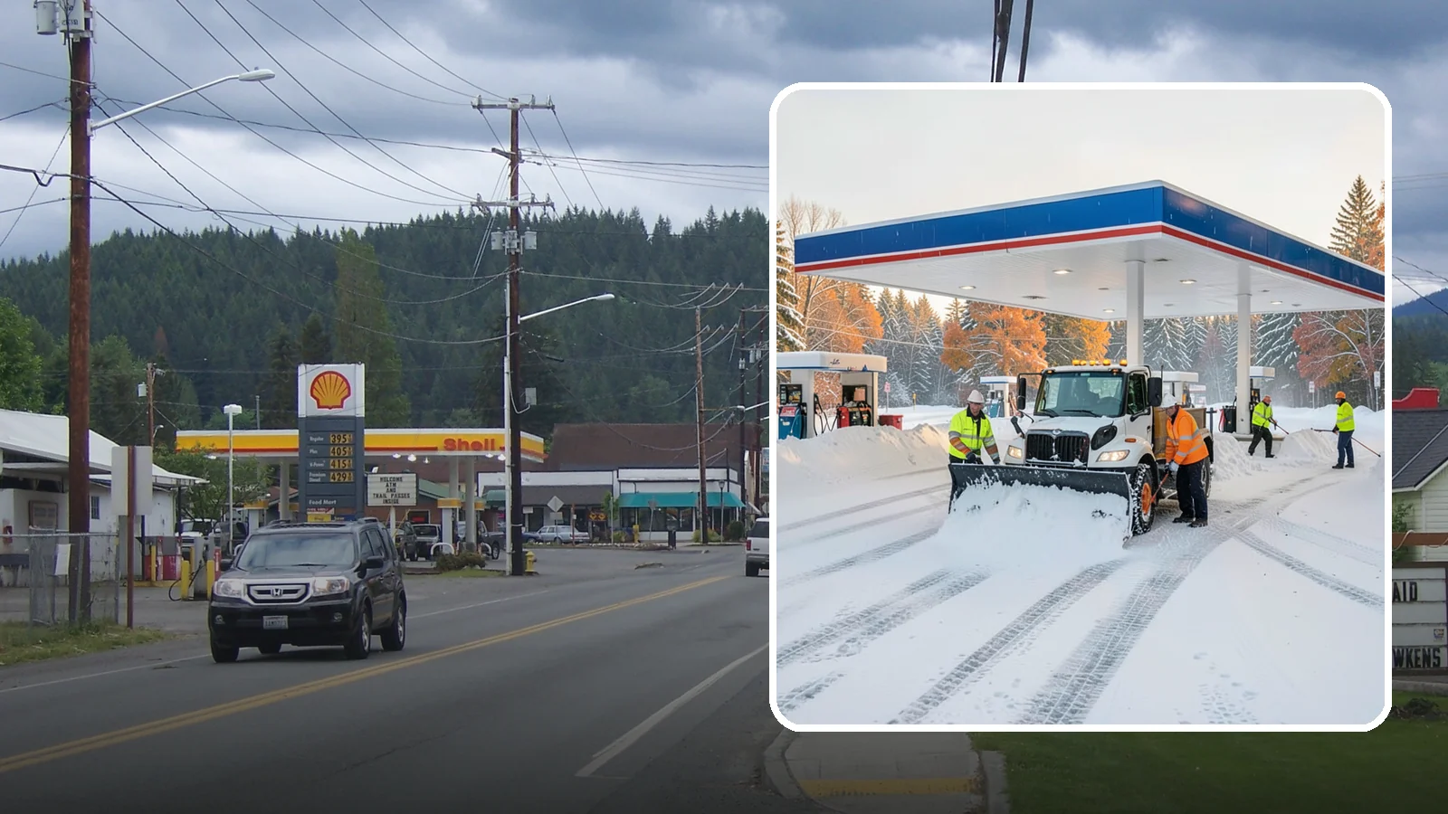 Gas Station Snow Plowing in Granite Falls, Snohomish County, WA - We plow gas station lots and fuel islands around the clock so drivers fuel up safely no matter when the snow falls.