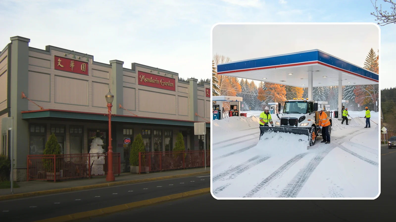 Gas Station Snow Plowing in Issaquah, King County, WA - We plow gas station lots and fuel islands around the clock so drivers fuel up safely no matter when the snow falls.