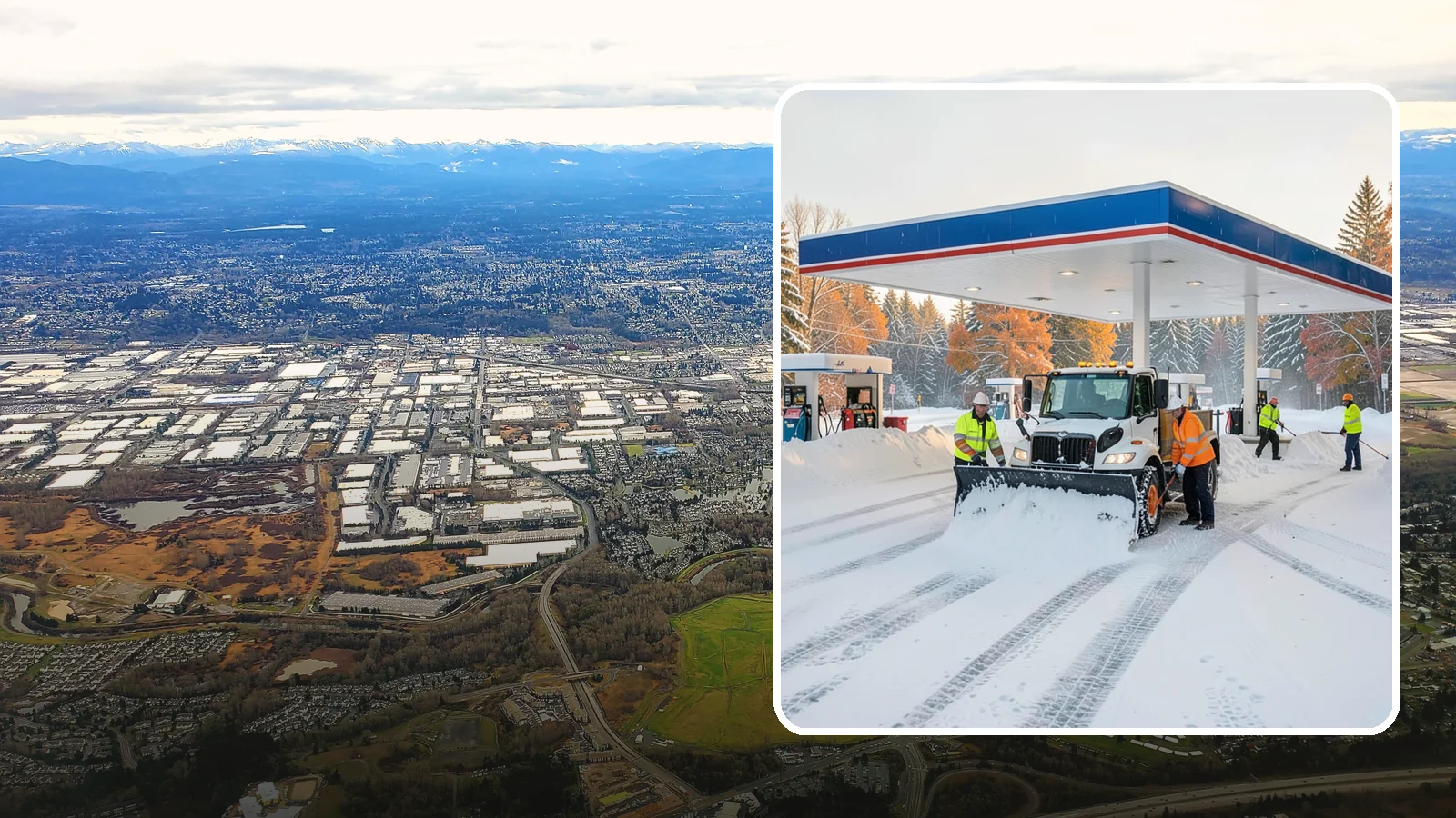 Gas Station Snow Plowing in Kent, King County, WA - We plow gas station lots and fuel islands around the clock so drivers fuel up safely no matter when the snow falls.