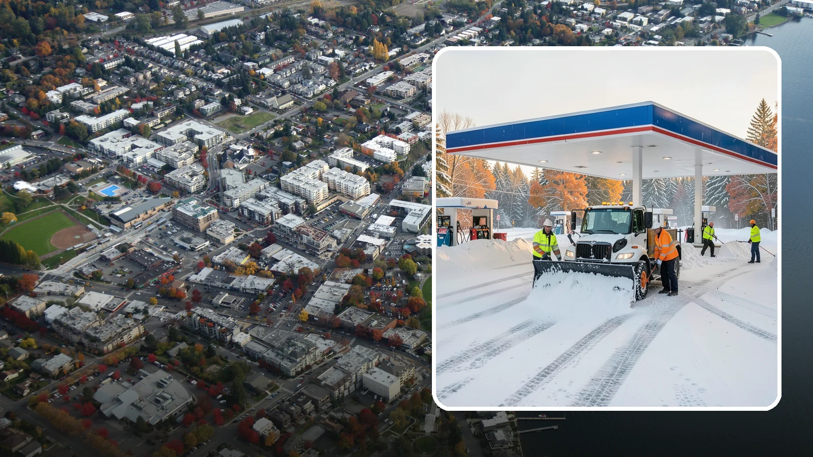 Gas Station Snow Plowing in Kirkland, King County, WA - We plow gas station lots and fuel islands around the clock so drivers fuel up safely no matter when the snow falls.