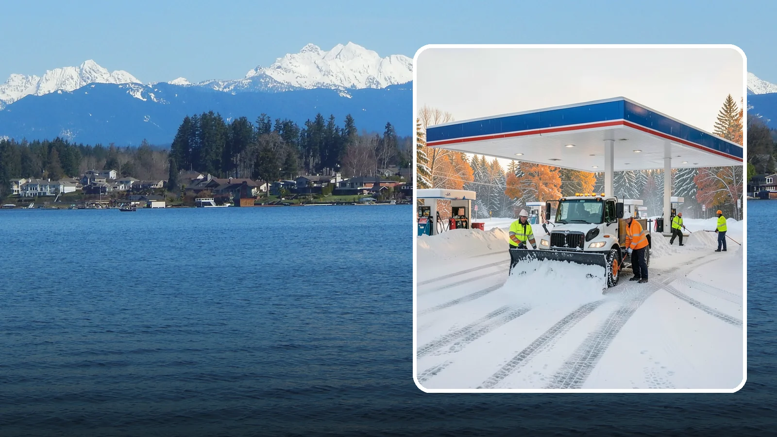 Gas Station Snow Plowing in Lake Stevens, Snohomish County, WA - We plow gas station lots and fuel islands around the clock so drivers fuel up safely no matter when the snow falls.
