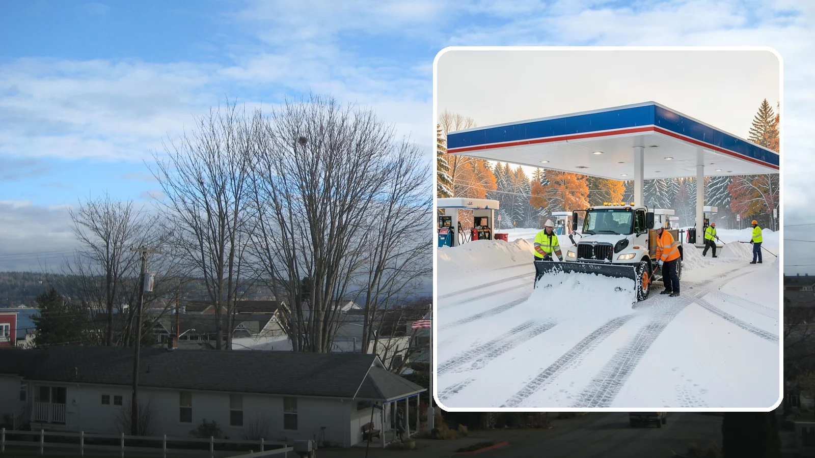 Gas Station Snow Plowing in Langley, Island County, WA - We plow gas station lots and fuel islands around the clock so drivers fuel up safely no matter when the snow falls.