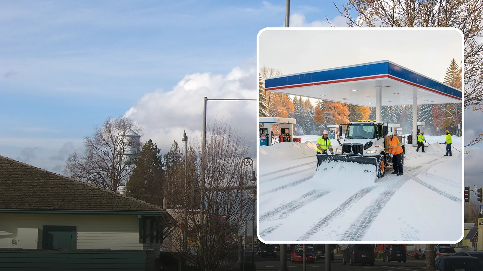 Gas Station Snow Plowing in Marysville, Snohomish County, WA - We plow gas station lots and fuel islands around the clock so drivers fuel up safely no matter when the snow falls.