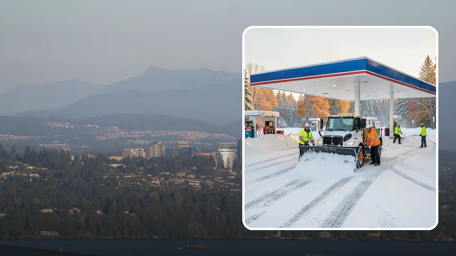 Gas Station Snow Plowing in Medina, King County, WA - We plow gas station lots and fuel islands around the clock so drivers fuel up safely no matter when the snow falls.