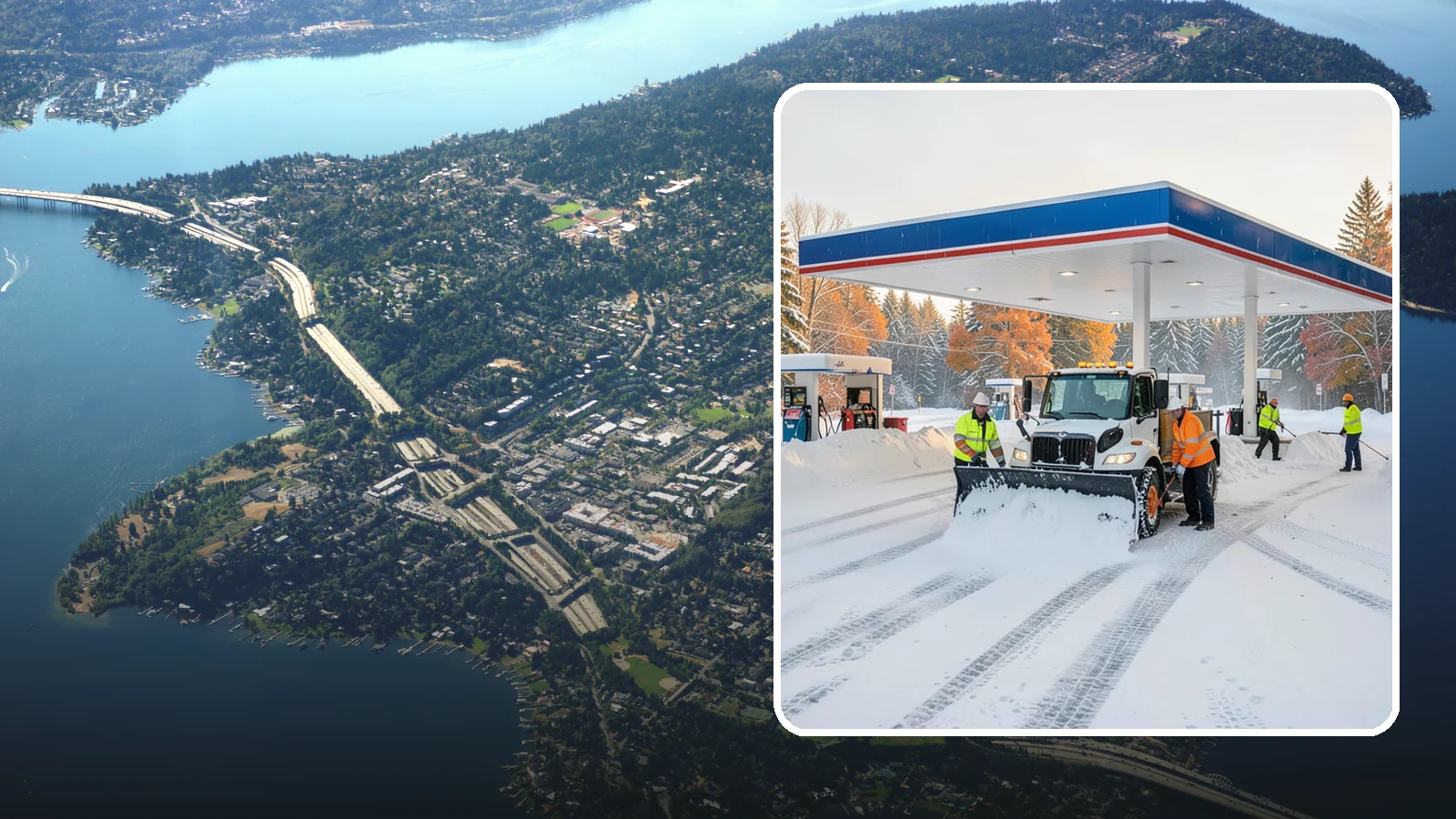 Gas Station Snow Plowing in Mercer Island, King County, WA - We plow gas station lots and fuel islands around the clock so drivers fuel up safely no matter when the snow falls.