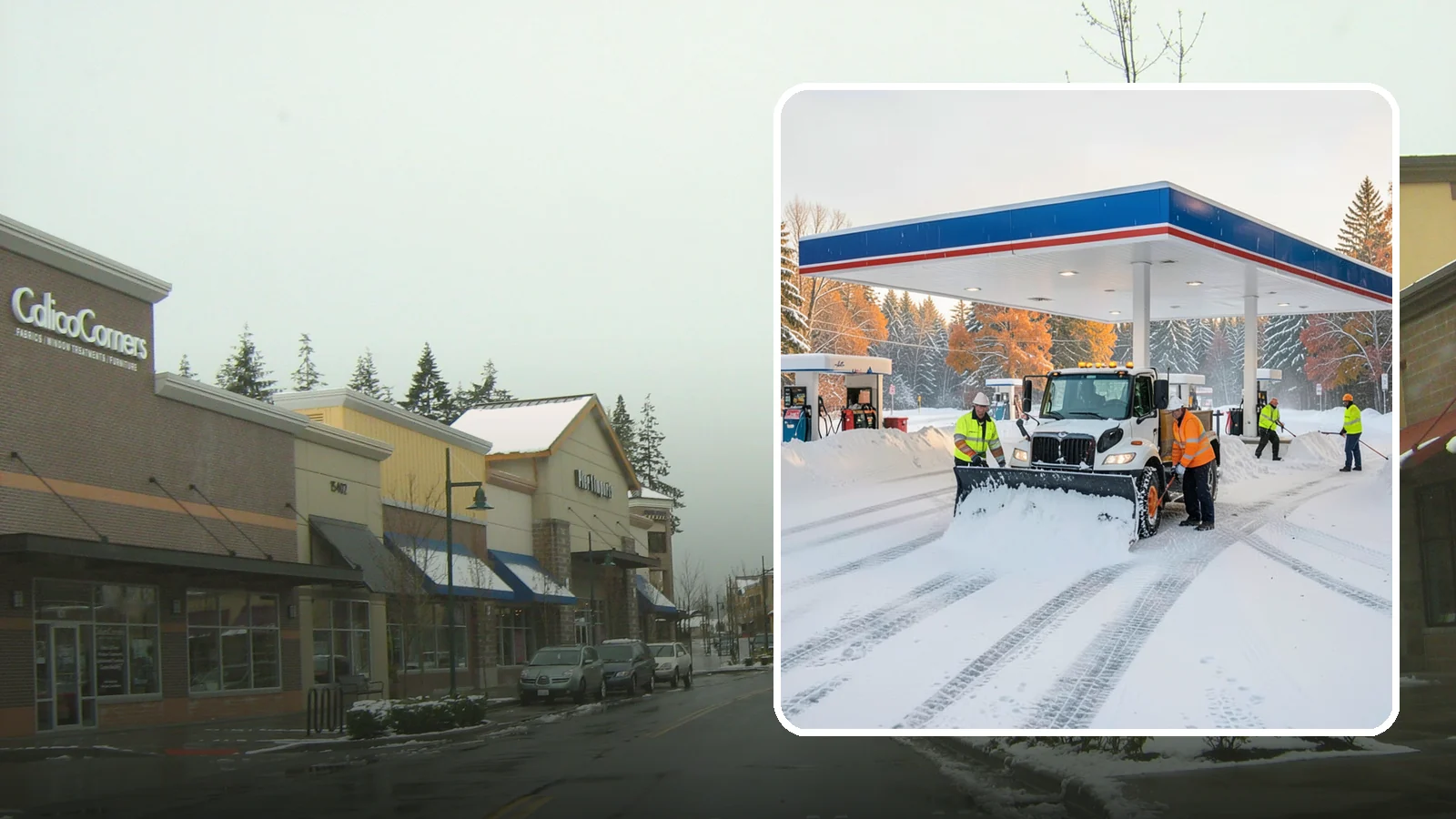 Gas Station Snow Plowing in Mill Creek, Snohomish County, WA - We plow gas station lots and fuel islands around the clock so drivers fuel up safely no matter when the snow falls.