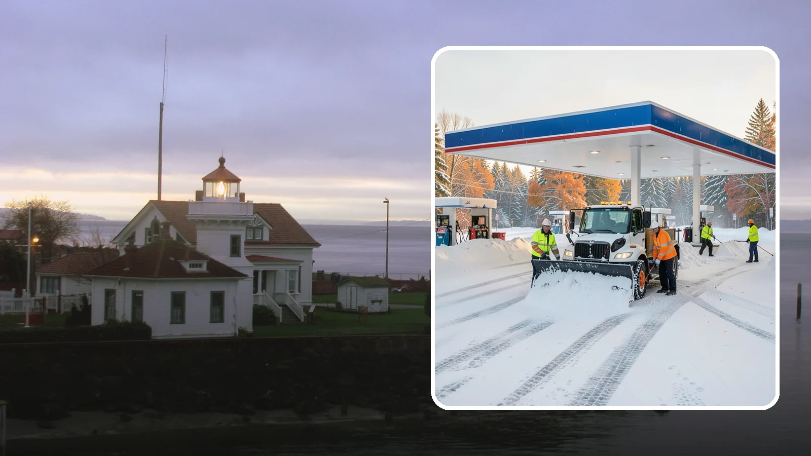Gas Station Snow Plowing in Mukilteo, Snohomish County, WA - We plow gas station lots and fuel islands around the clock so drivers fuel up safely no matter when the snow falls.