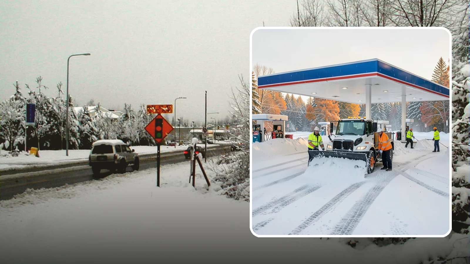 Gas Station Snow Plowing in Newcastle, King County, WA - We plow gas station lots and fuel islands around the clock so drivers fuel up safely no matter when the snow falls.