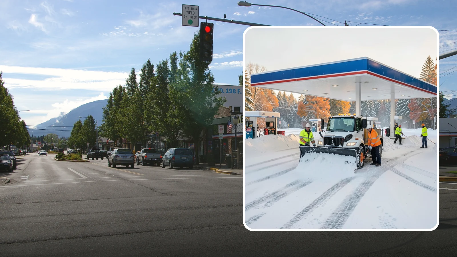 Gas Station Snow Plowing in North Bend, King County, WA - We plow gas station lots and fuel islands around the clock so drivers fuel up safely no matter when the snow falls.