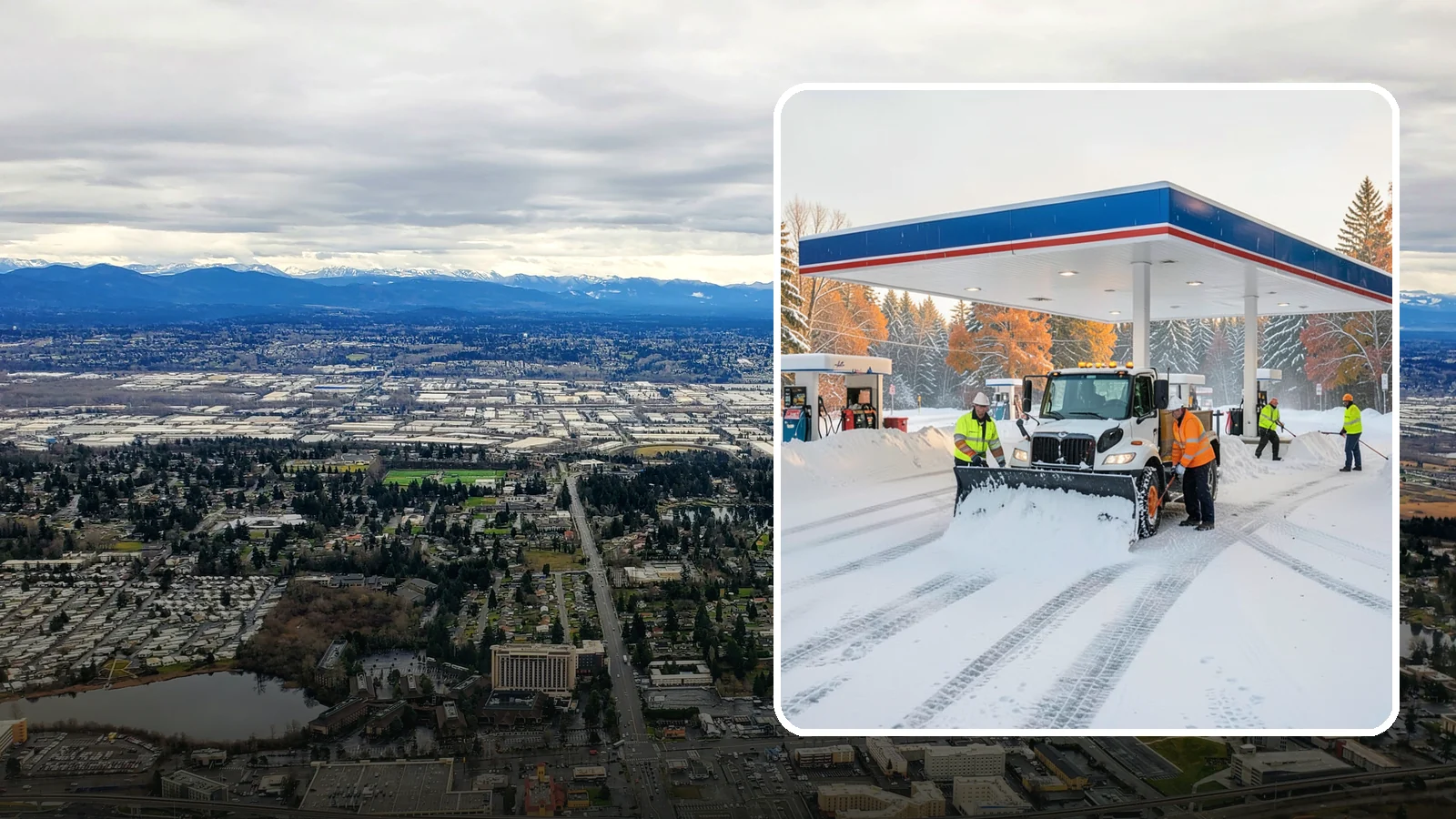Gas Station Snow Plowing in SeaTac, King County, WA - We plow gas station lots and fuel islands around the clock so drivers fuel up safely no matter when the snow falls.