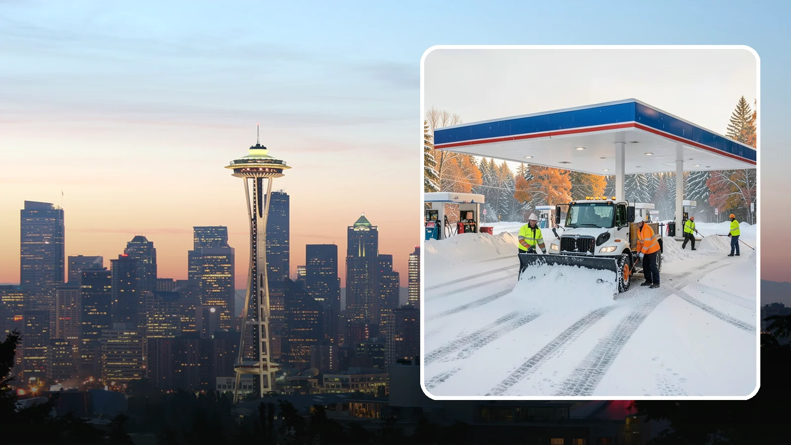 Gas Station Snow Plowing in Seattle, King County, WA - We plow gas station lots and fuel islands around the clock so drivers fuel up safely no matter when the snow falls.