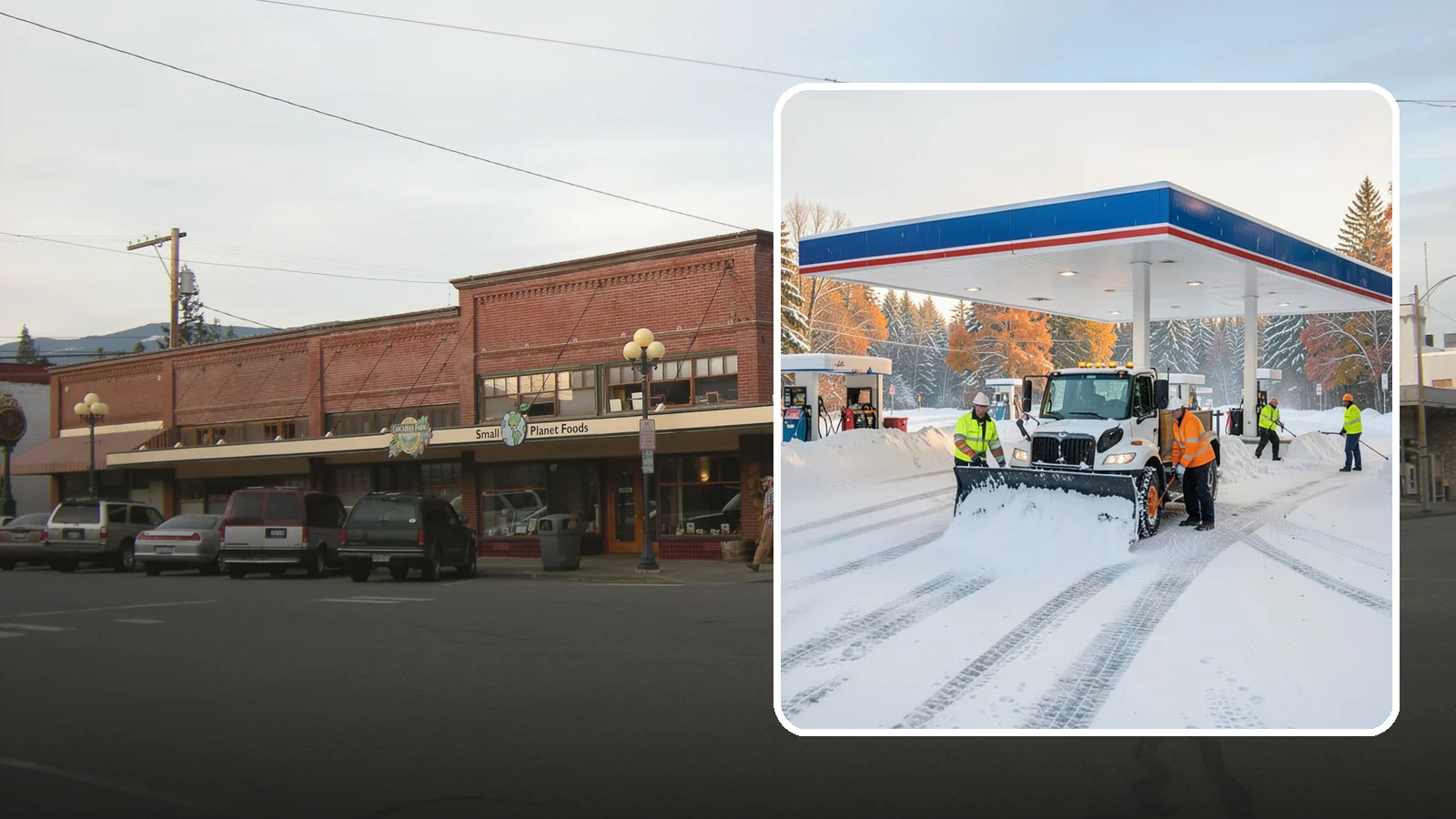 Gas Station Snow Plowing in Sedro-Woolley, Skagit County, WA - We plow gas station lots and fuel islands around the clock so drivers fuel up safely no matter when the snow falls.