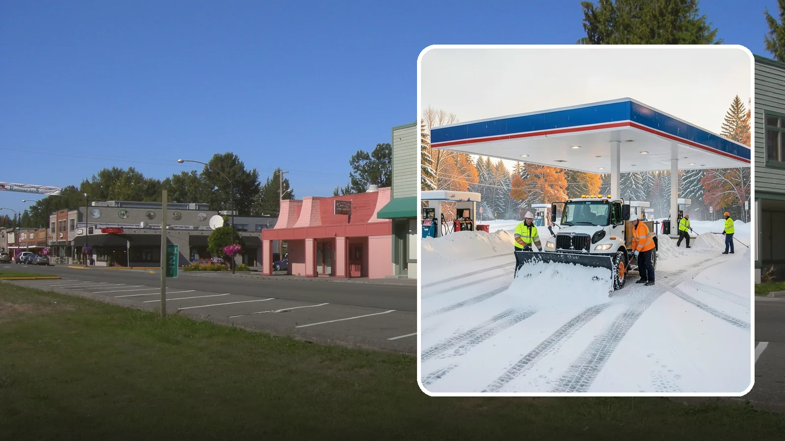Gas Station Snow Plowing in Snoqualmie, King County, WA - We plow gas station lots and fuel islands around the clock so drivers fuel up safely no matter when the snow falls.