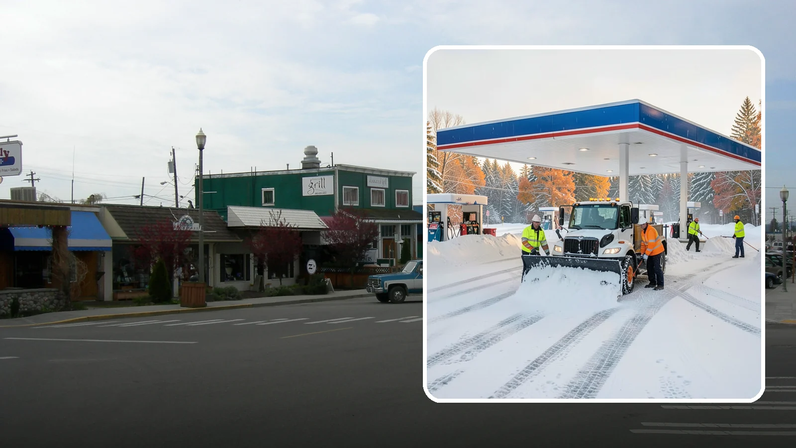 Gas Station Snow Plowing in Stanwood, Snohomish County, WA - We plow gas station lots and fuel islands around the clock so drivers fuel up safely no matter when the snow falls.