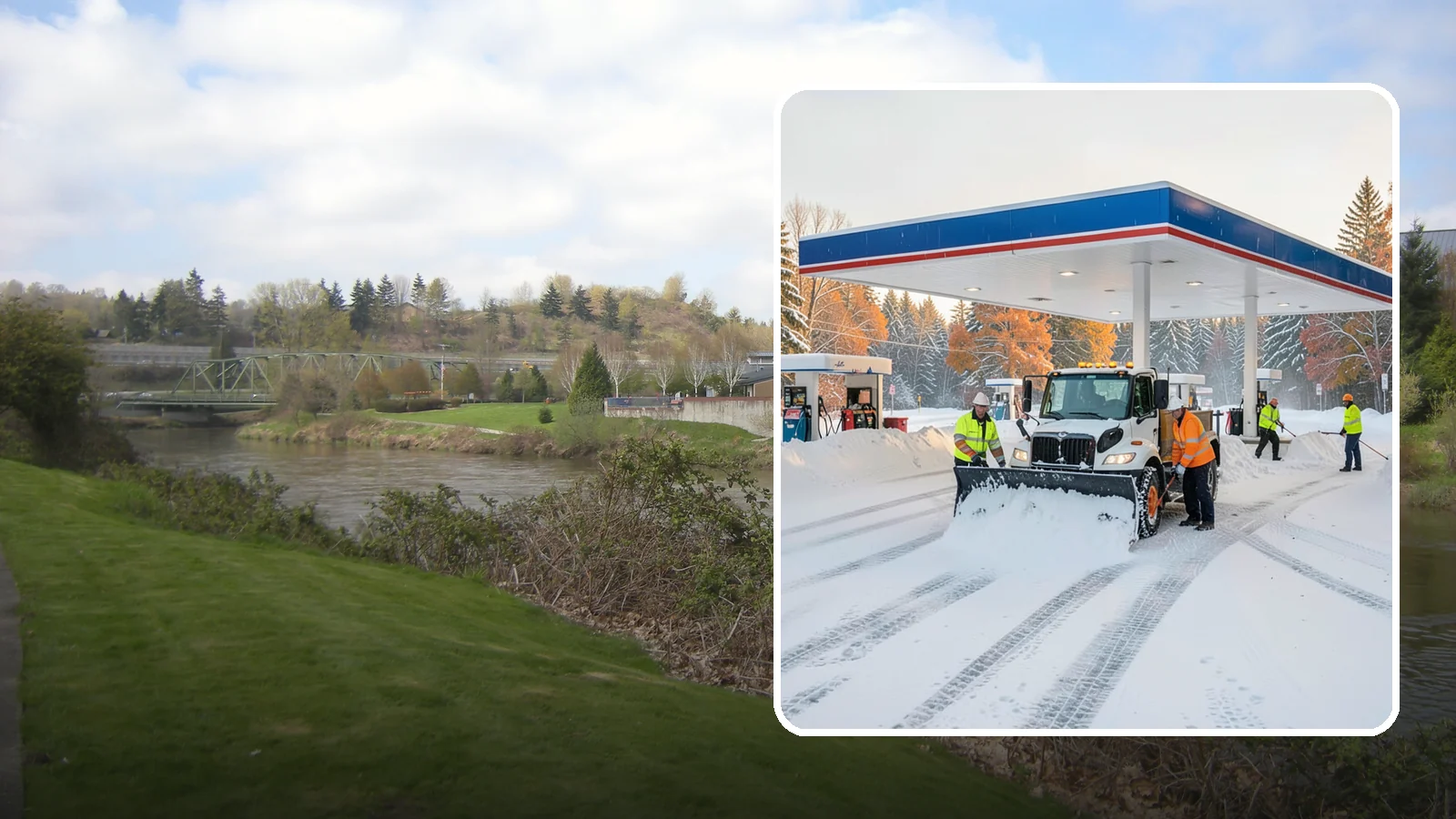 Gas Station Snow Plowing in Tukwila, King County, WA - We plow gas station lots and fuel islands around the clock so drivers fuel up safely no matter when the snow falls.