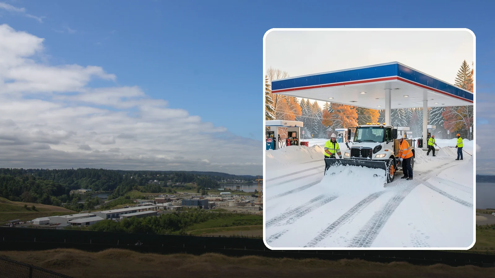 Gas Station Snow Plowing in University Place, Pierce County, WA - We plow gas station lots and fuel islands around the clock so drivers fuel up safely no matter when the snow falls.