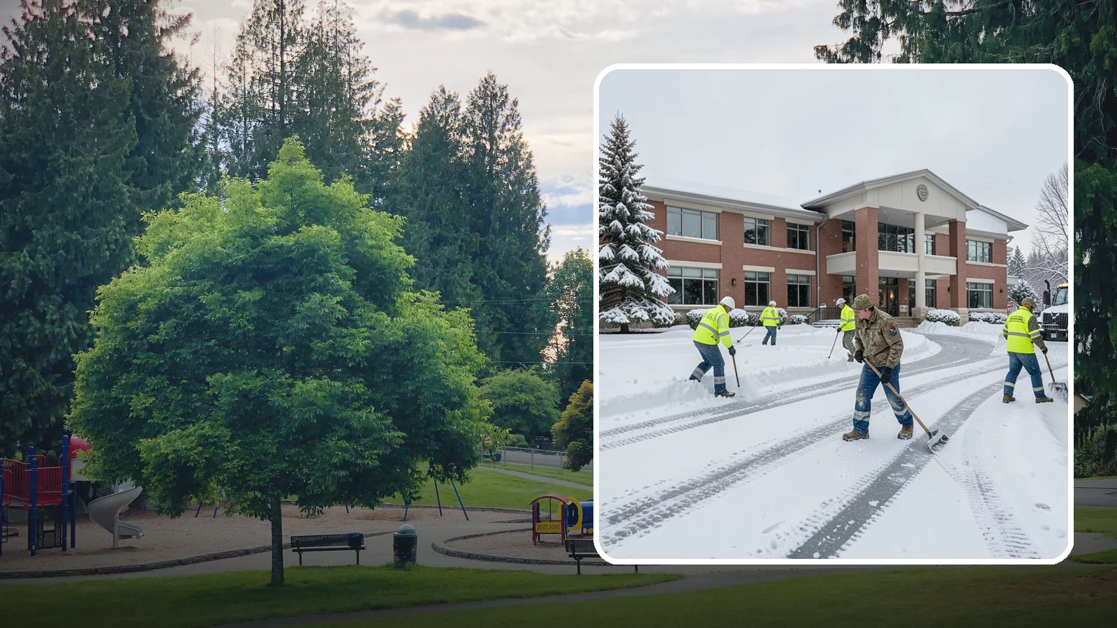 Government Building Snow Removal in Bonney Lake, Pierce County, WA - Public buildings must stay open and accessible, so we keep civic entrances, ADA routes, and public parking clear to code.