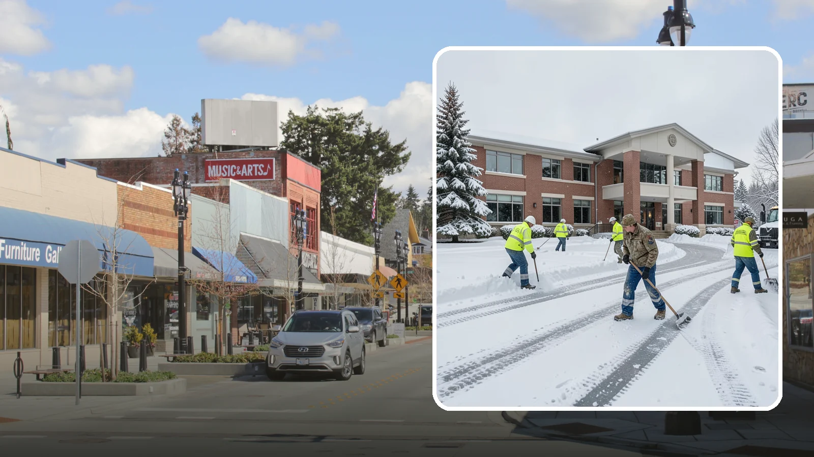 Government Building Snow Removal in Bothell, King County, WA - Public buildings must stay open and accessible, so we keep civic entrances, ADA routes, and public parking clear to code.