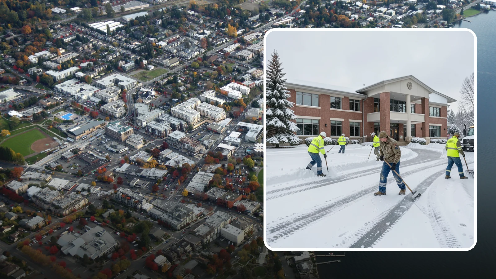 Government Building Snow Removal in Kirkland, King County, WA - Public buildings must stay open and accessible, so we keep civic entrances, ADA routes, and public parking clear to code.