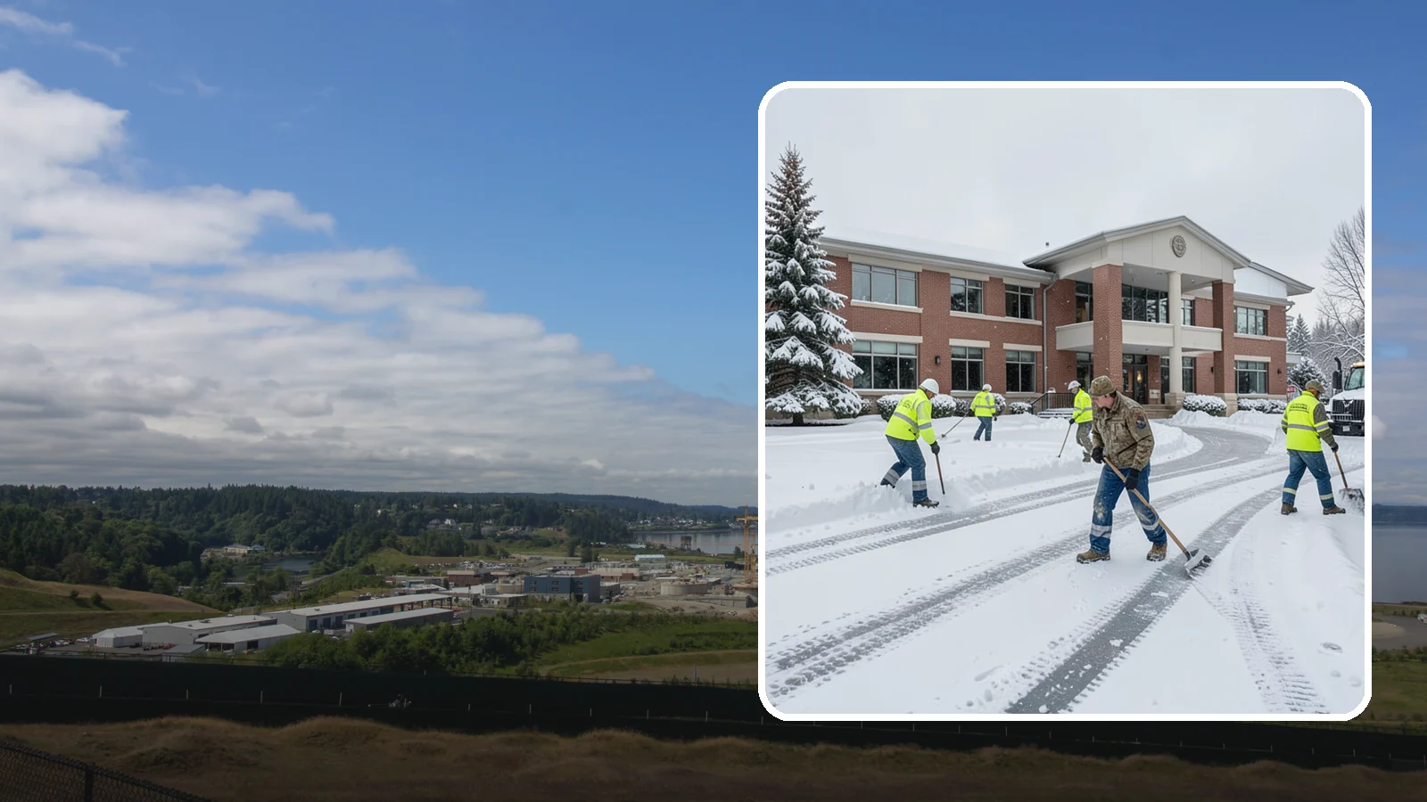 Government Building Snow Removal in University Place, Pierce County, WA - Public buildings must stay open and accessible, so we keep civic entrances, ADA routes, and public parking clear to code.