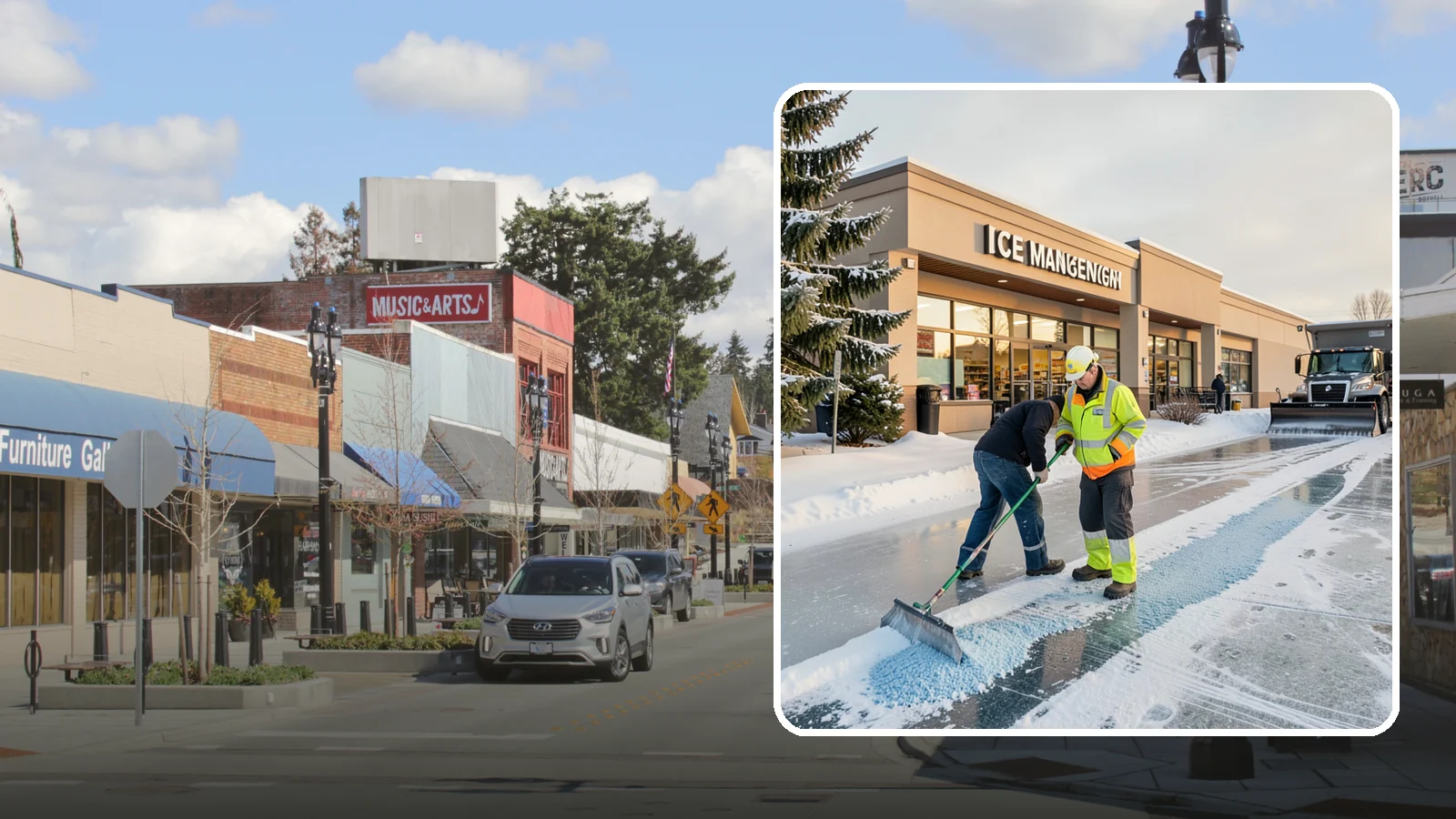 Grocery Store Deicing in Bothell, King County, WA - Deicing for grocery stores, keeping entrances, cart corrals, and loaded-customer paths safe during peak winter shopping.