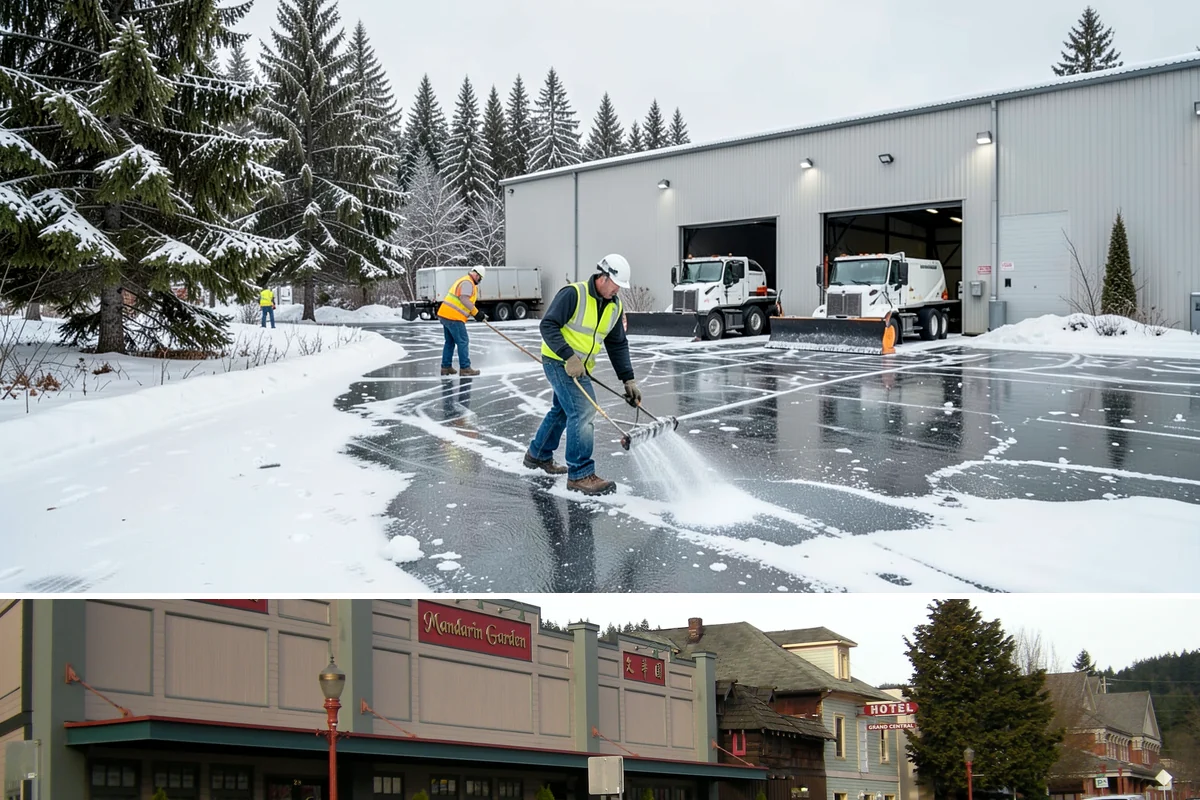 Grocery Store Deicing in Issaquah, King County, WA - Deicing runs the winter grocery season, peaking during the freezing-rain days when stores fill ahead of a lowland cold snap.