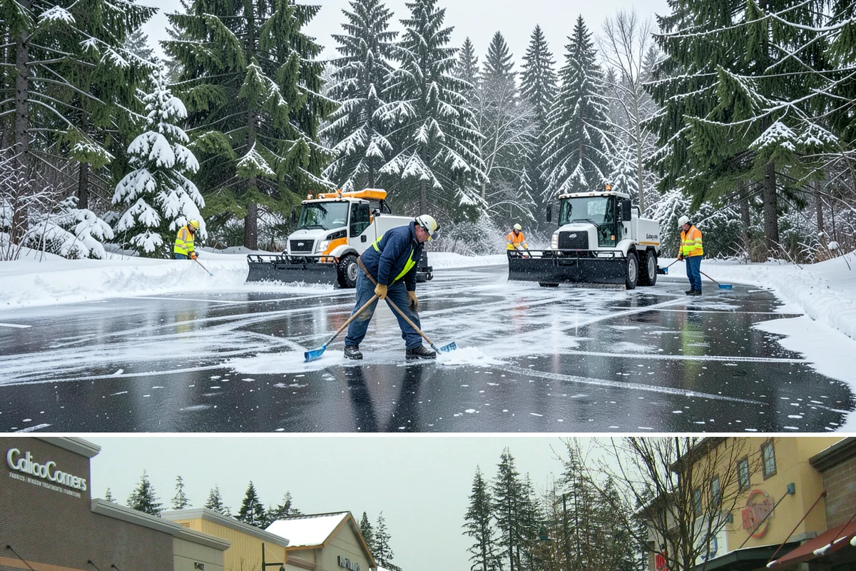 Grocery Store Deicing in Mill Creek, Snohomish County, WA - Deicing runs the winter grocery season, peaking during the freezing-rain days when stores fill ahead of a lowland cold snap.