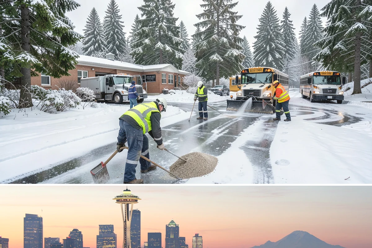 Grocery Store Deicing in Seattle, King County, WA - Deicing runs the winter grocery season, peaking during the freezing-rain days when stores fill ahead of a lowland cold snap.