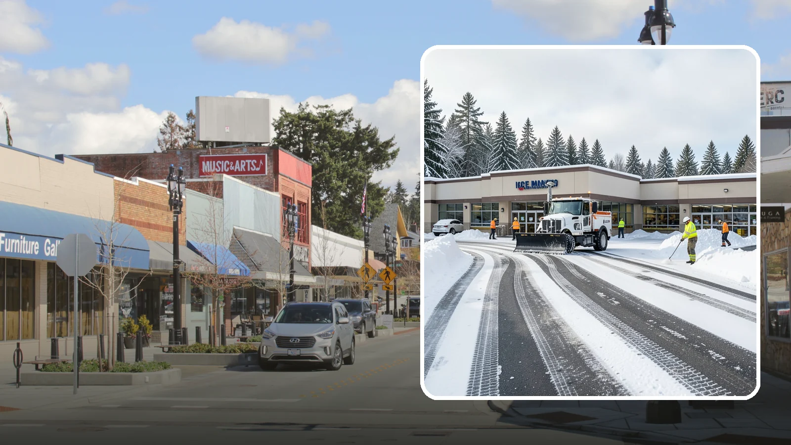 Grocery Store Parking Lot Snow Removal in Bothell, King County, WA - We clear grocery store lots early so Western Washington shoppers park, load carts, and reach the doors safely in winter.