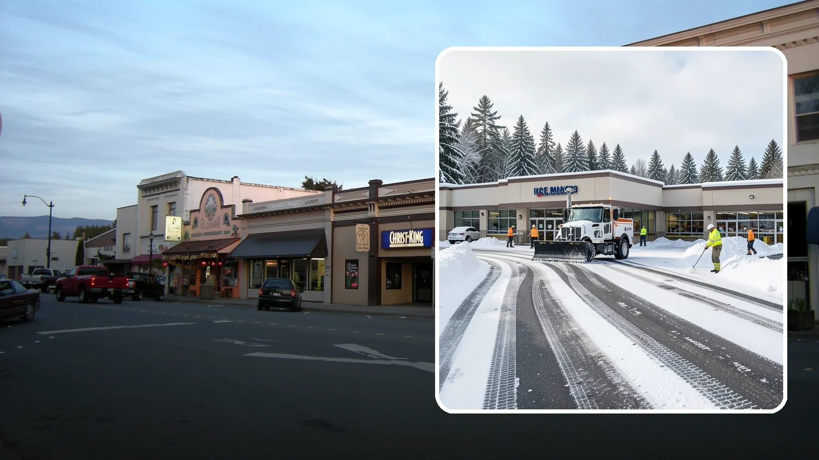 Grocery Store Parking Lot Snow Removal in Burlington, Skagit County, WA - We clear grocery store lots early so Western Washington shoppers park, load carts, and reach the doors safely in winter.