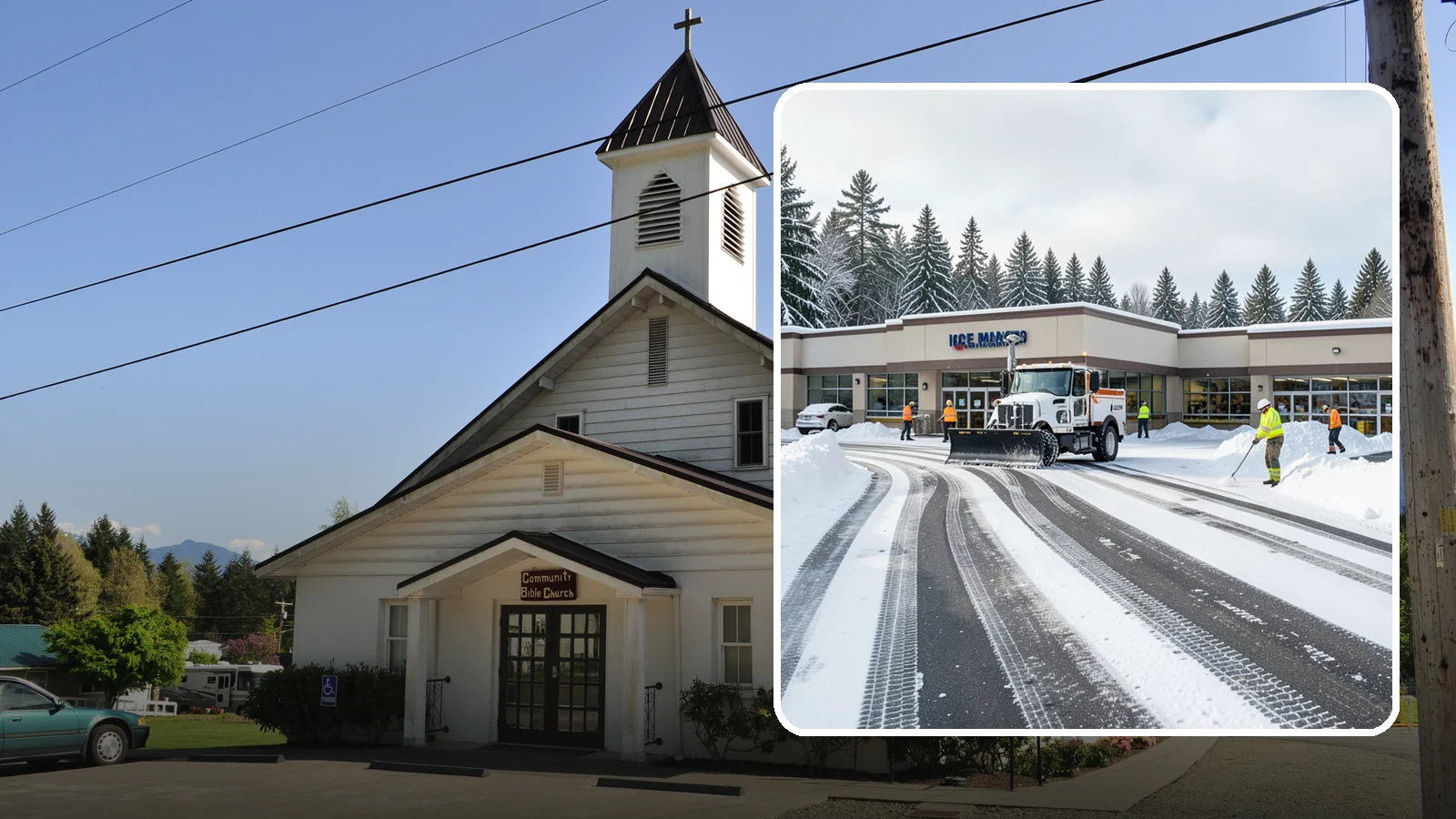 Grocery Store Parking Lot Snow Removal in Concrete, Skagit County, WA - We clear grocery store lots early so Western Washington shoppers park, load carts, and reach the doors safely in winter.