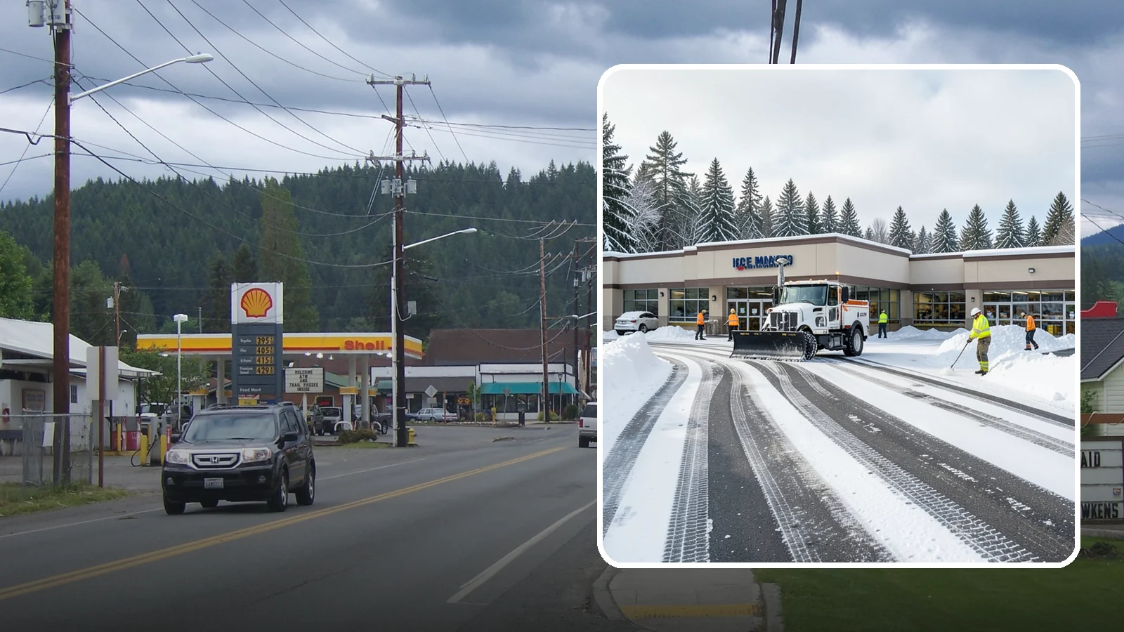 Grocery Store Parking Lot Snow Removal in Granite Falls, Snohomish County, WA - We clear grocery store lots early so Western Washington shoppers park, load carts, and reach the doors safely in winter.