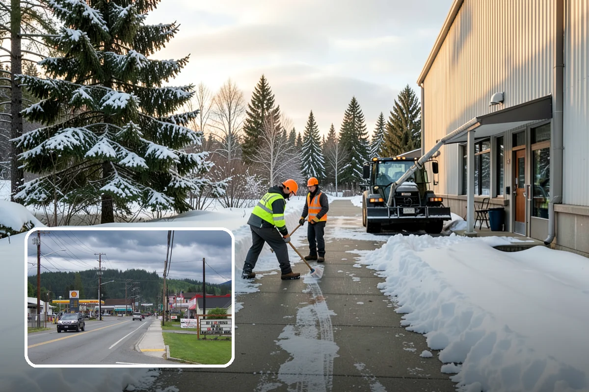 Grocery Store Parking Lot Snow Removal in Granite Falls, Snohomish County, WA - Shoppers park and reach the doors on a cleared, deiced lot