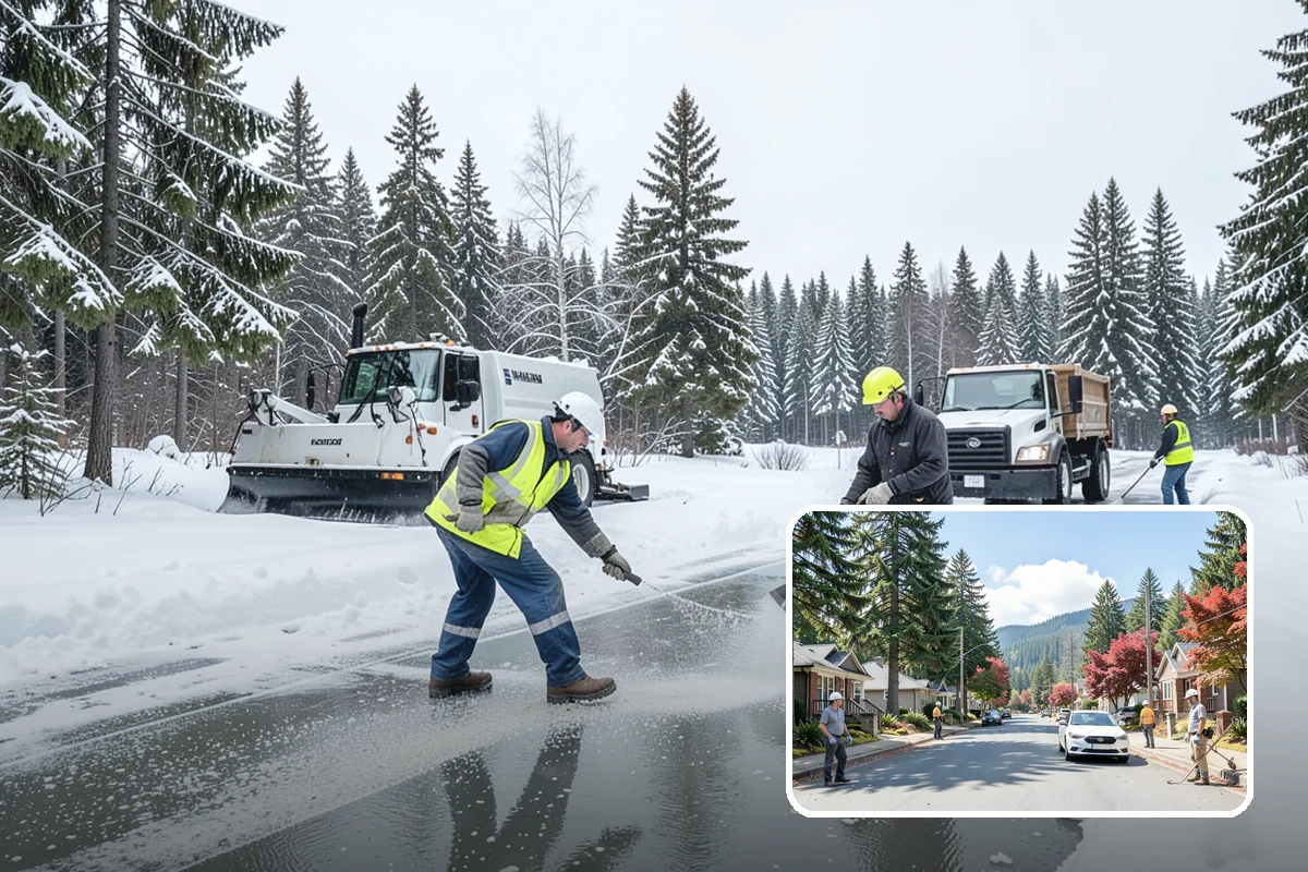 Grocery Store Parking Lot Snow Removal in Hunts Point, King County, WA - Shoppers park and reach the doors on a cleared, deiced lot