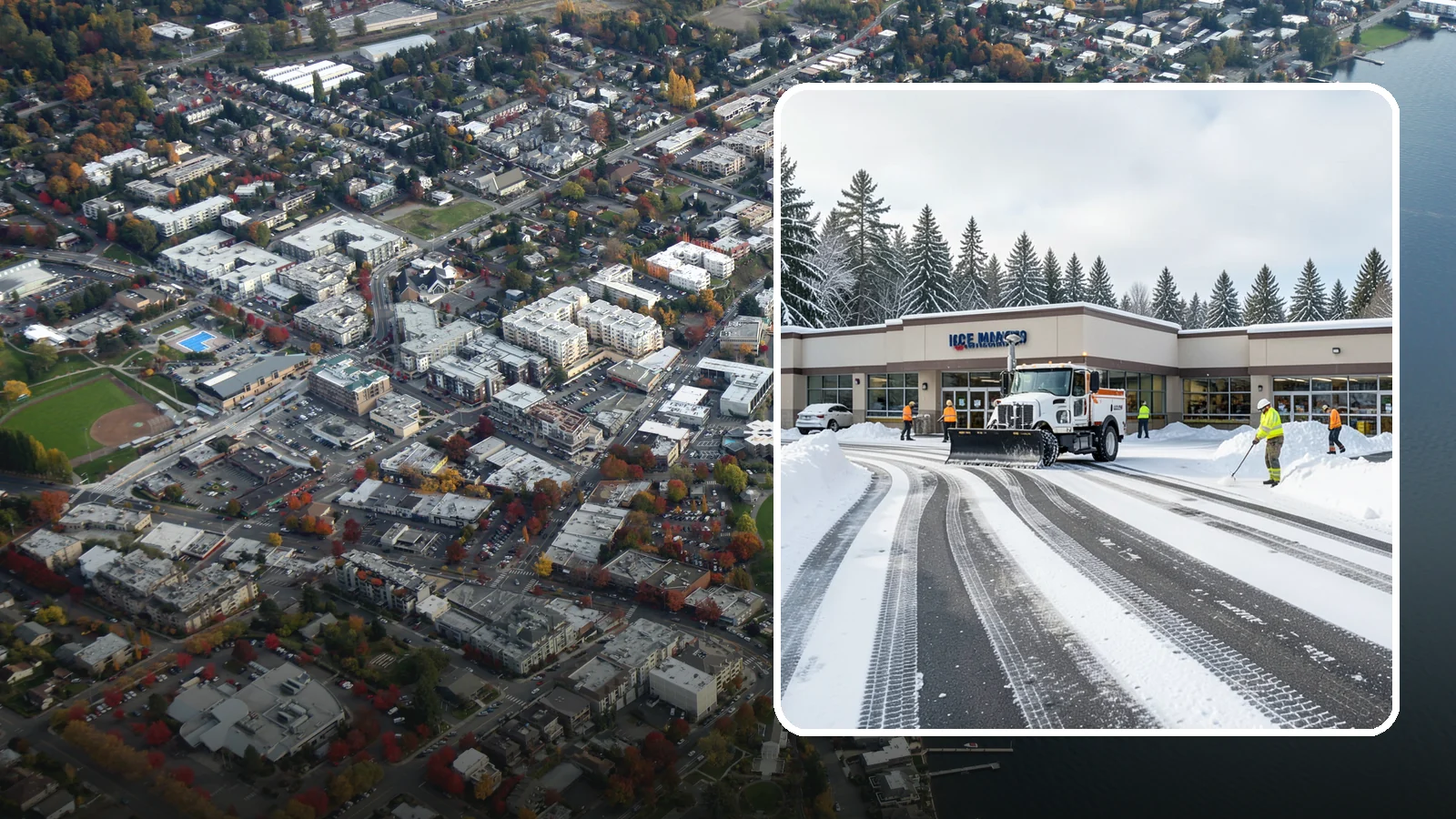 Grocery Store Parking Lot Snow Removal in Kirkland, King County, WA - We clear grocery store lots early so Western Washington shoppers park, load carts, and reach the doors safely in winter.