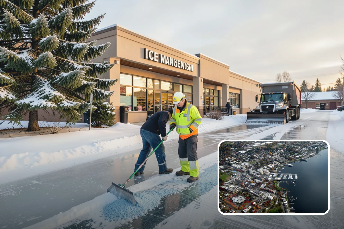 Grocery Store Parking Lot Snow Removal in Kirkland, King County, WA - Shoppers park and reach the doors on a cleared, deiced lot