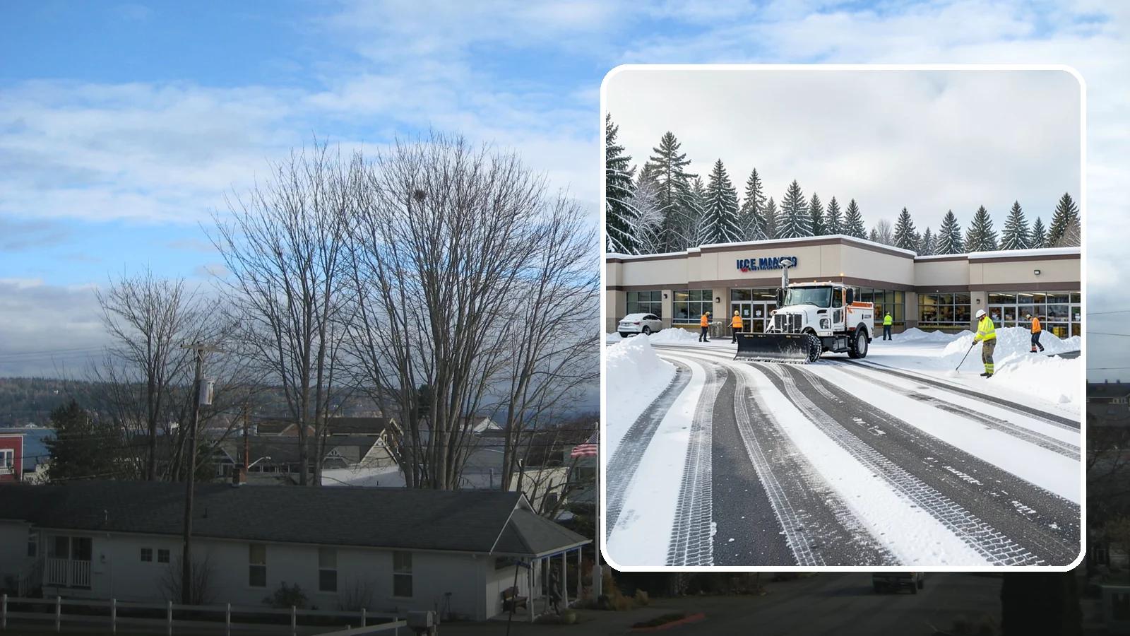 Grocery Store Parking Lot Snow Removal in Langley, Island County, WA - We clear grocery store lots early so Western Washington shoppers park, load carts, and reach the doors safely in winter.