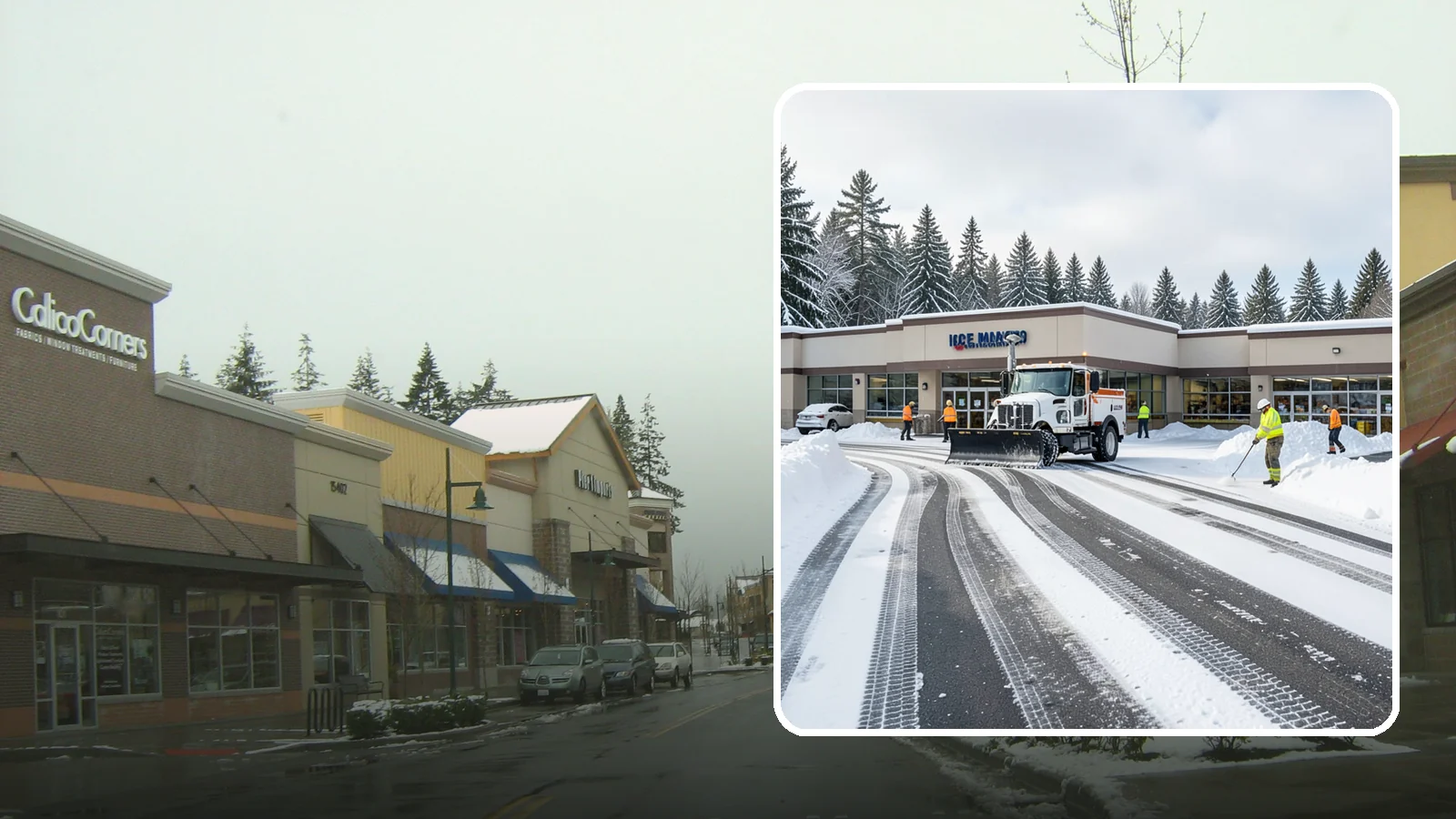 Grocery Store Parking Lot Snow Removal in Mill Creek, Snohomish County, WA - We clear grocery store lots early so Western Washington shoppers park, load carts, and reach the doors safely in winter.