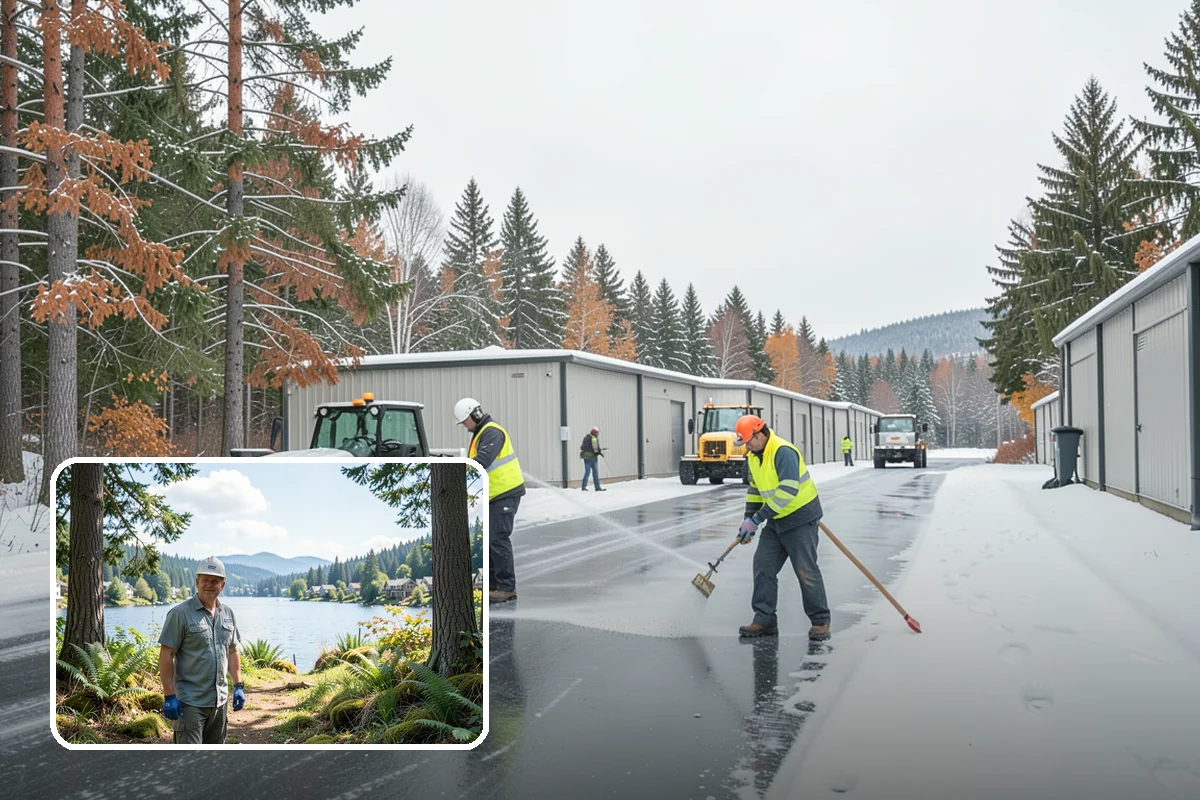 Grocery Store Parking Lot Snow Removal in Milton, King County, WA - Shoppers park and reach the doors on a cleared, deiced lot