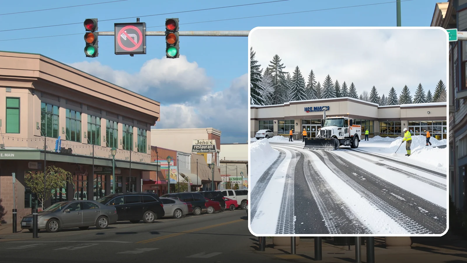 Grocery Store Parking Lot Snow Removal in Monroe, Snohomish County, WA - We clear grocery store lots early so Western Washington shoppers park, load carts, and reach the doors safely in winter.