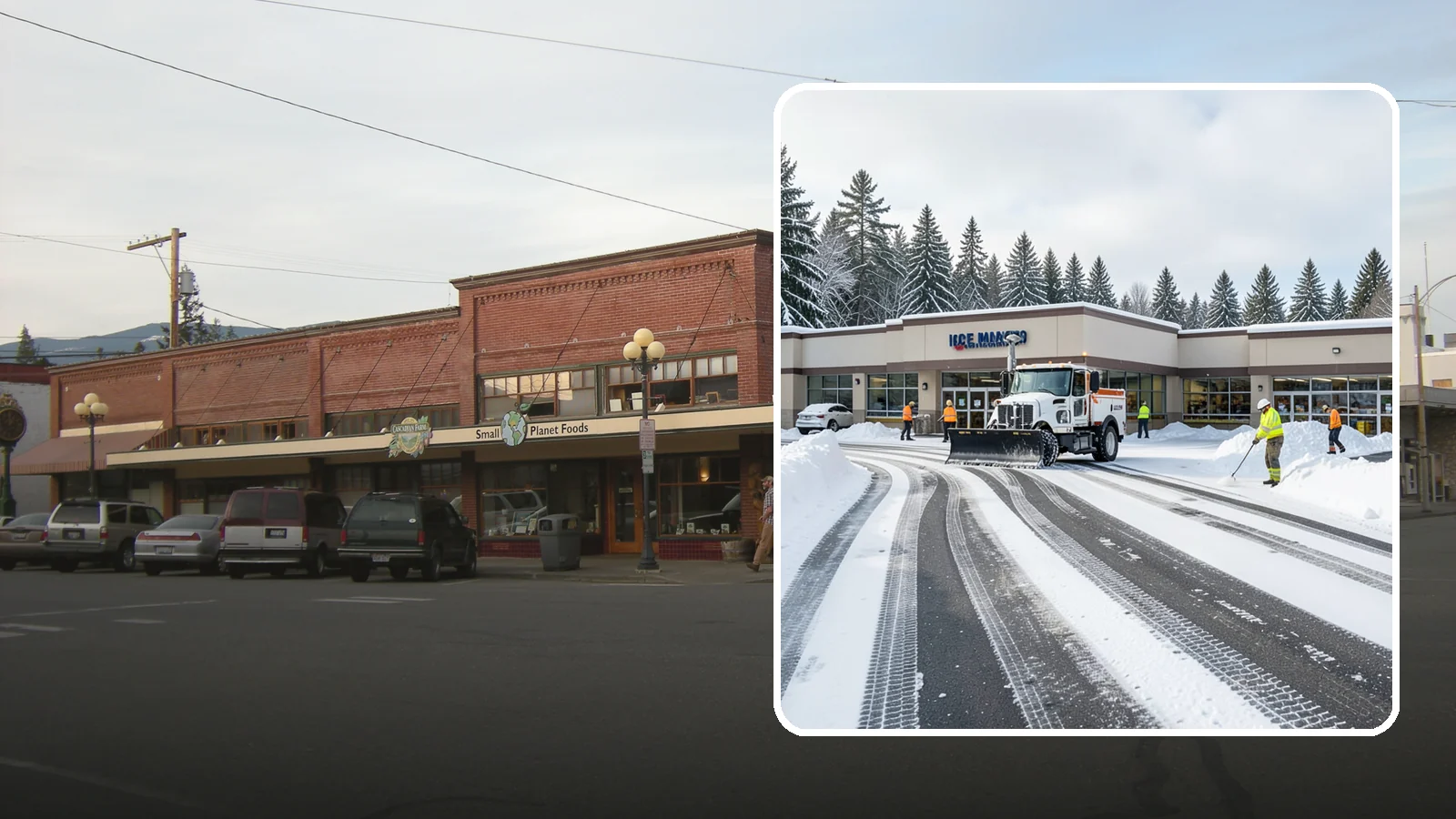 Grocery Store Parking Lot Snow Removal in Sedro-Woolley, Skagit County, WA - We clear grocery store lots early so Western Washington shoppers park, load carts, and reach the doors safely in winter.